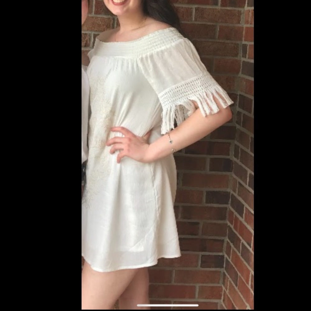 White embroidered off the shoulder dress
